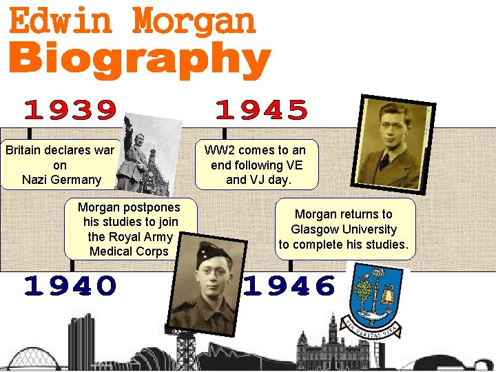 Britain declares war on Nazi Germany Morgan postpones his studies to join the Royal