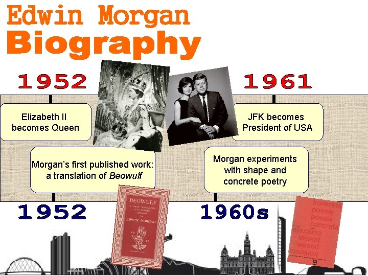 Elizabeth II becomes Queen Morgan’s first published work: a translation of Beowulf JFK becomes