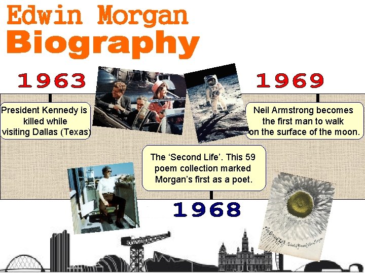 President Kennedy is killed while visiting Dallas (Texas) Neil Armstrong becomes the first man