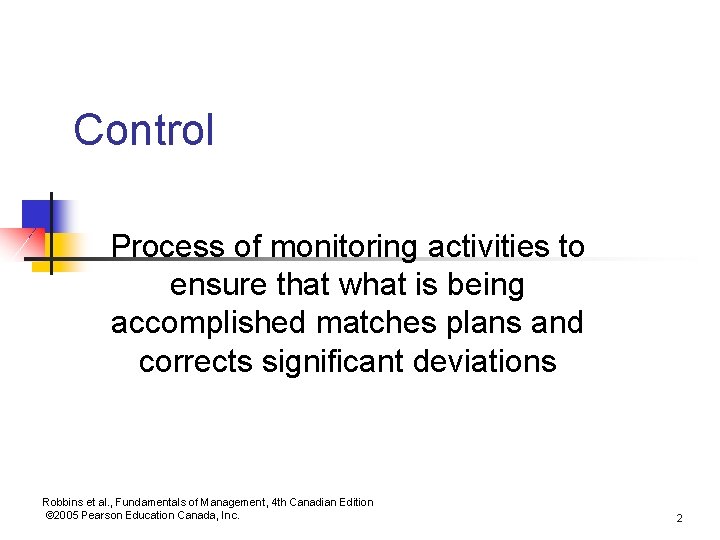 Control Process of monitoring activities to ensure that what is being accomplished matches plans Control Process of monitoring activities to ensure that what is being accomplished matches plans