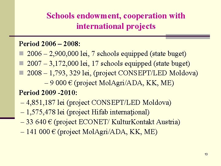 Schools endowment, cooperation with international projects Period 2006 – 2008: n 2006 – 2,