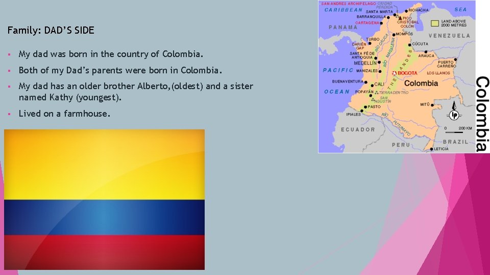 Family: DAD’S SIDE § My dad was born in the country of Colombia. §