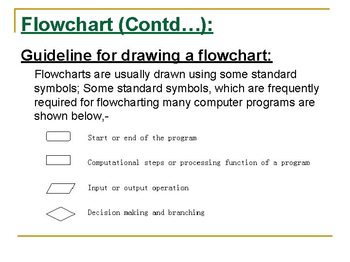 Flowchart (Contd…): Guideline for drawing a flowchart: Flowcharts are usually drawn using some standard