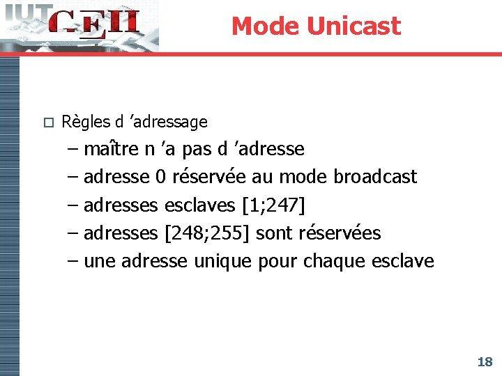 Mode Unicast o Règles d ’adressage – maître n ’a pas d ’adresse –