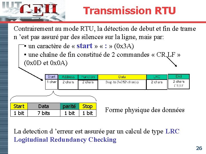 Transmission RTU Contrairement au mode RTU, la détection de debut et fin de trame