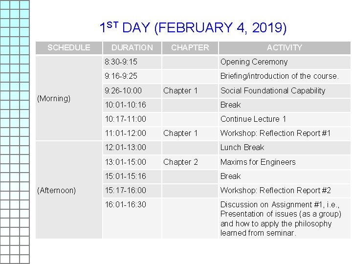 1 ST DAY (FEBRUARY 4, 2019) SCHEDULE (Morning) DURATION CHAPTER 8: 30 -9: 15