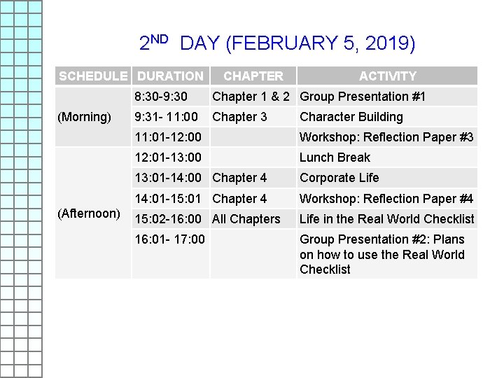 2 ND DAY (FEBRUARY 5, 2019) SCHEDULE DURATION (Morning) (Afternoon) CHAPTER ACTIVITY 8: 30