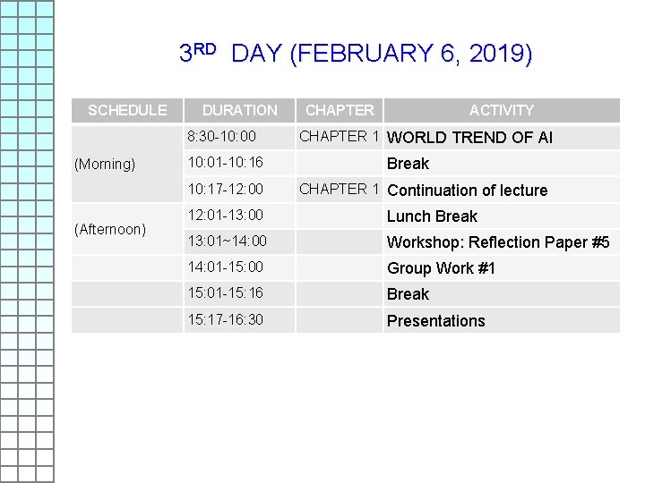 3 RD DAY (FEBRUARY 6, 2019) SCHEDULE DURATION 8: 30 -10: 00 (Morning) 10: