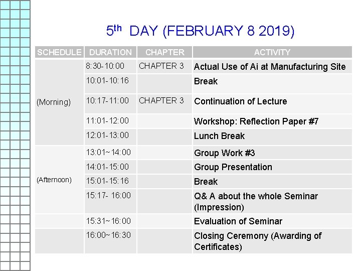 5 th DAY (FEBRUARY 8 2019) SCHEDULE DURATION 8: 30 -10: 00 CHAPTER 3