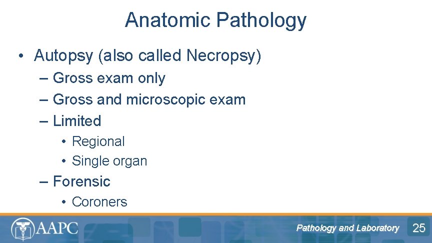 Anatomic Pathology • Autopsy (also called Necropsy) – Gross exam only – Gross and