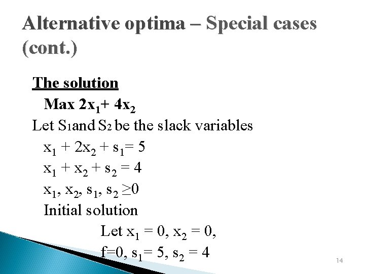 Alternative optima – Special cases (cont. ) The solution Max 2 x 1+ 4