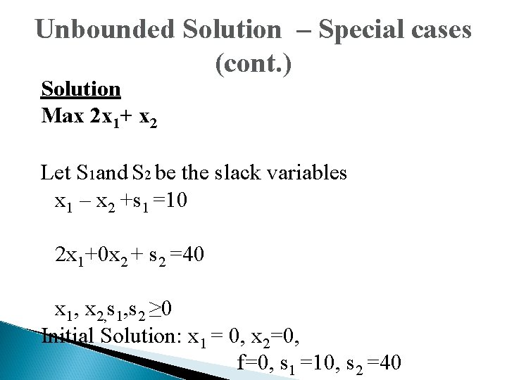 Unbounded Solution – Special cases (cont. ) Solution Max 2 x 1+ x 2