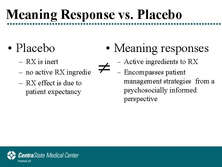 Meaning Response vs. Placebo • Placebo – RX is inert – no active RX