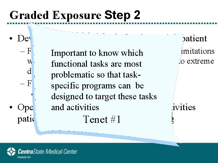 Graded Exposure Step 2 • Develop hierarchy of activities & tasks w patient –