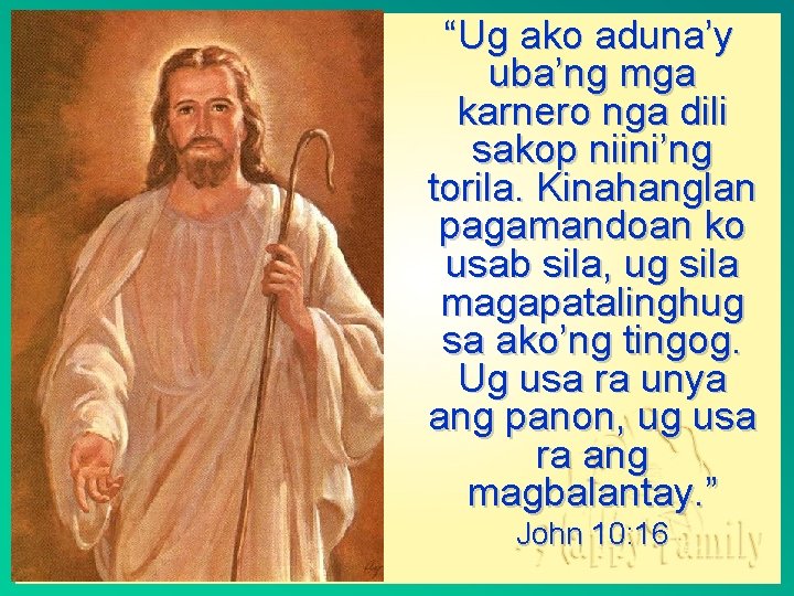 “Ug ako aduna’y uba’ng mga karnero nga dili sakop niini’ng torila. Kinahanglan pagamandoan ko