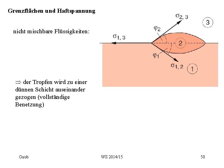 Grenzflächen und Haftspannung nicht mischbare Flüssigkeiten: Þ der Tropfen wird zu einer dünnen Schicht