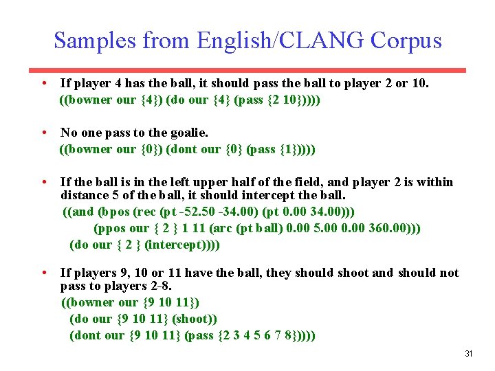Samples from English/CLANG Corpus • If player 4 has the ball, it should pass