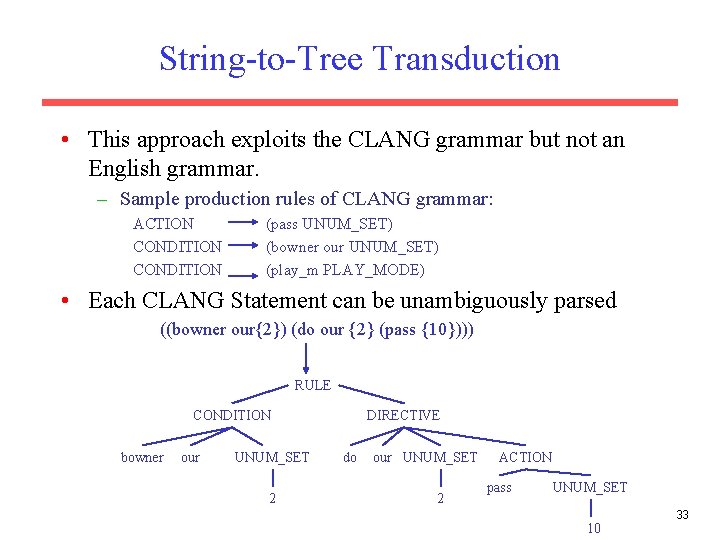 String-to-Tree Transduction • This approach exploits the CLANG grammar but not an English grammar.