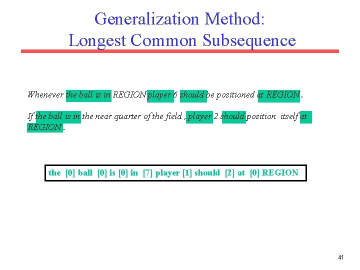 Generalization Method: Longest Common Subsequence Whenever the ball is in REGION player 6 should