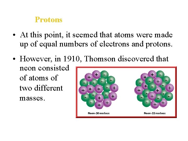 Protons • At this point, it seemed that atoms were made up of equal