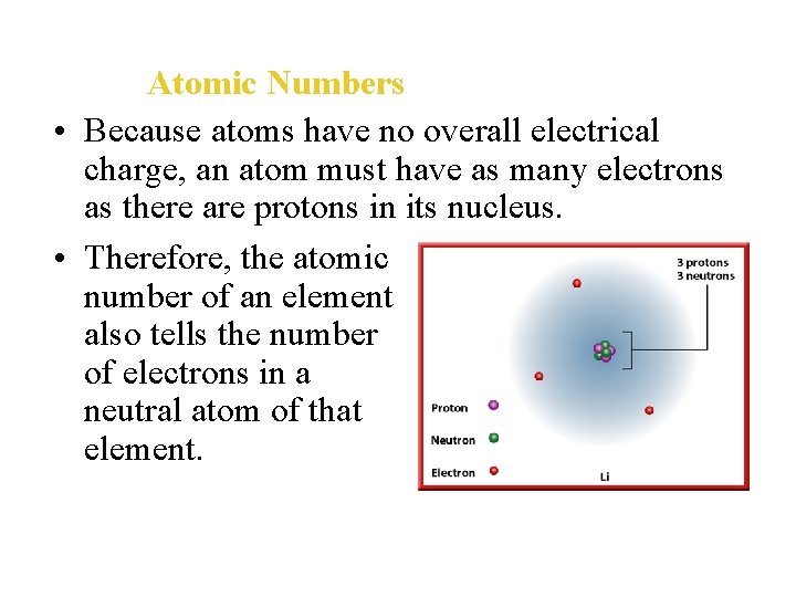 Atomic Numbers • Because atoms have no overall electrical charge, an atom must have