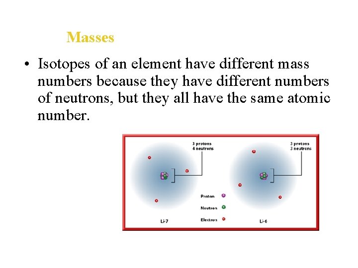 Masses • Isotopes of an element have different mass numbers because they have different