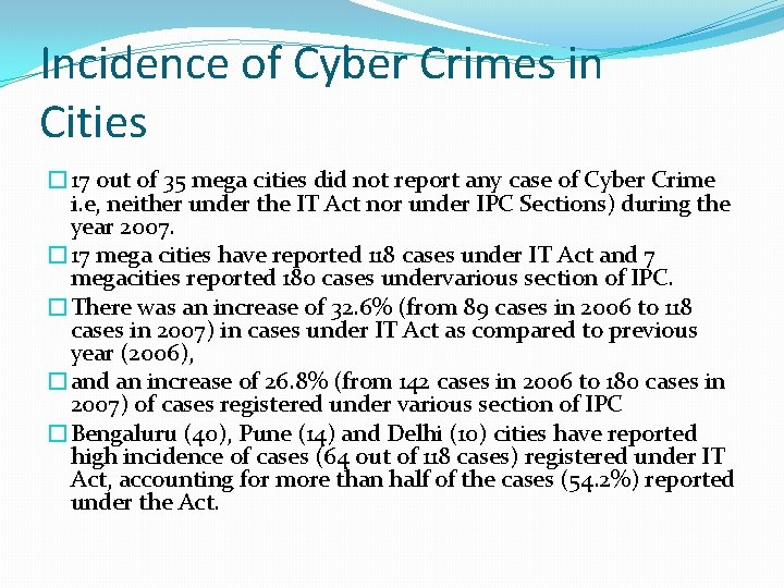 Incidence of Cyber Crimes in Cities � 17 out of 35 mega cities did