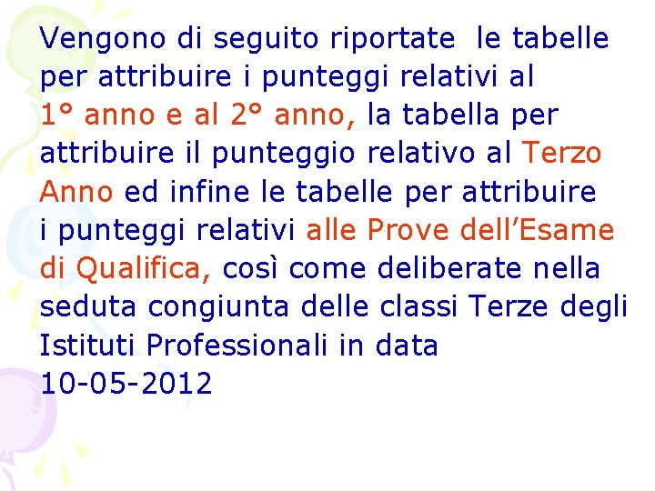 Vengono di seguito riportate le tabelle per attribuire i punteggi relativi al 1° anno