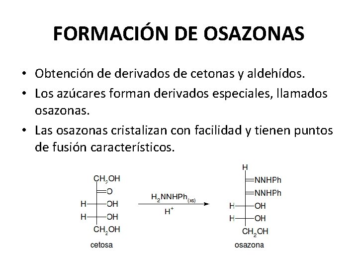 FORMACIÓN DE OSAZONAS • Obtención de derivados de cetonas y aldehídos. • Los azúcares