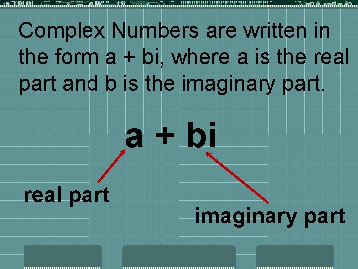 Complex Numbers are written in the form a + bi, where a is the