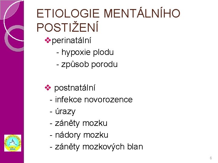 ETIOLOGIE MENTÁLNÍHO POSTIŽENÍ vperinatální - hypoxie plodu - způsob porodu v postnatální - infekce