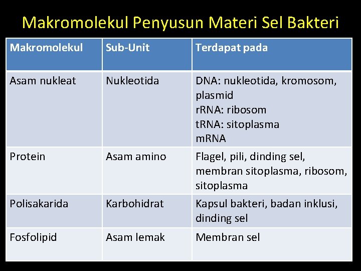 Makromolekul Penyusun Materi Sel Bakteri Makromolekul Sub-Unit Terdapat pada Asam nukleat Nukleotida Protein Asam