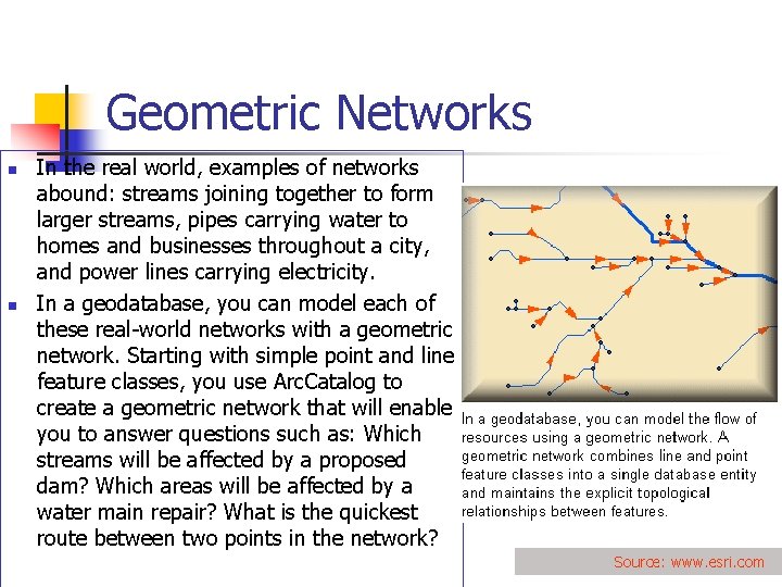 Geometric Networks n n In the real world, examples of networks abound: streams joining