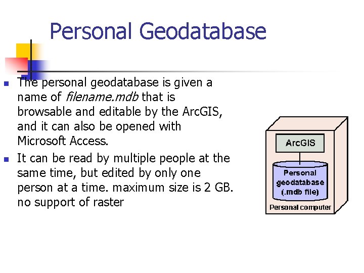 Personal Geodatabase n n The personal geodatabase is given a name of filename. mdb