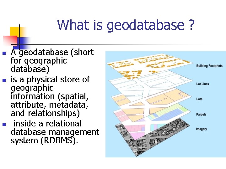 What is geodatabase ? n n n A geodatabase (short for geographic database) is
