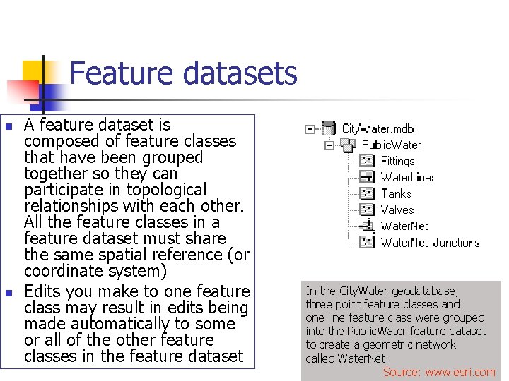 Feature datasets n n A feature dataset is composed of feature classes that have