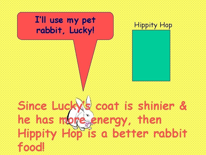 I’ll use my pet rabbit, Lucky! Hippity Hop Since Lucky’s coat is shinier &