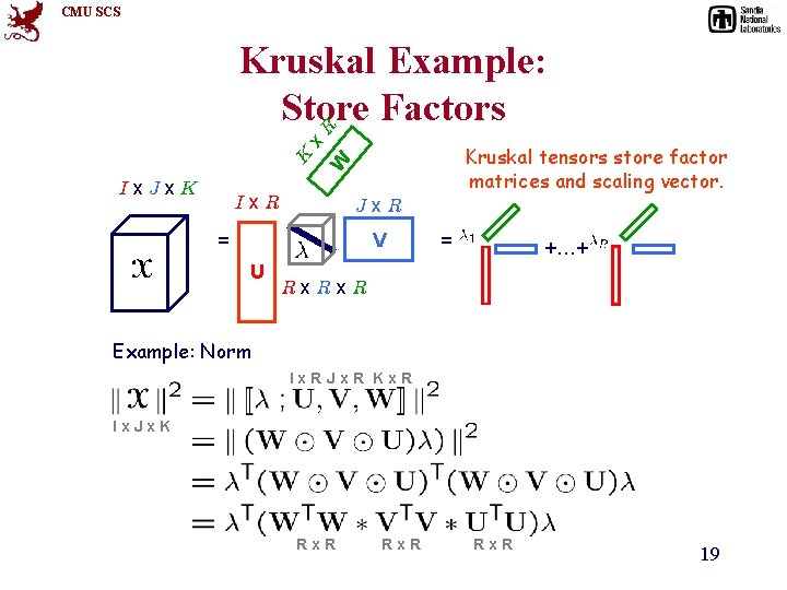CMU SCS Ix. Jx. K Kruskal tensors store factor matrices and scaling vector. W