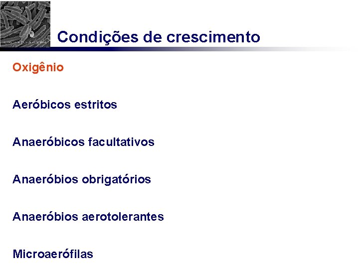 Condições de crescimento Oxigênio Aeróbicos estritos Anaeróbicos facultativos Anaeróbios obrigatórios Anaeróbios aerotolerantes Microaerófilas 