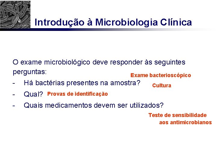 Introdução à Microbiologia Clínica O exame microbiológico deve responder às seguintes perguntas: Exame bacterioscópico