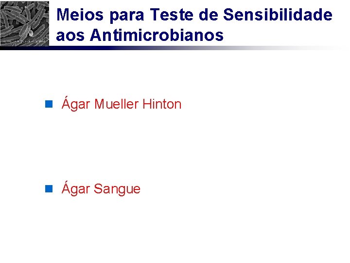 Meios para Teste de Sensibilidade aos Antimicrobianos n Ágar Mueller Hinton n Ágar Sangue