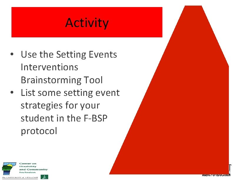 Activity • Use the Setting Events Interventions Brainstorming Tool • List some setting event