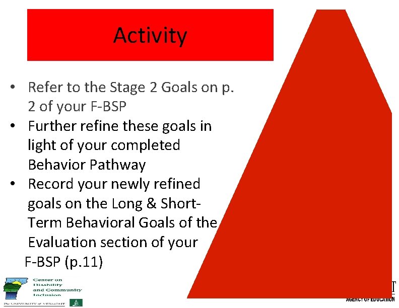 Activity • Refer to the Stage 2 Goals on p. 2 of your F-BSP