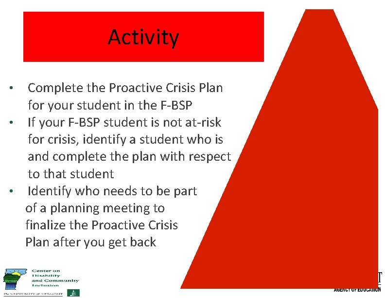 Activity Complete the Proactive Crisis Plan for your student in the F-BSP • If