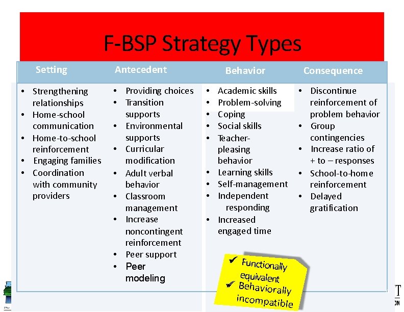 F-BSP Strategy Types Setting • Strengthening relationships • Home-school communication • Home-to-school reinforcement •