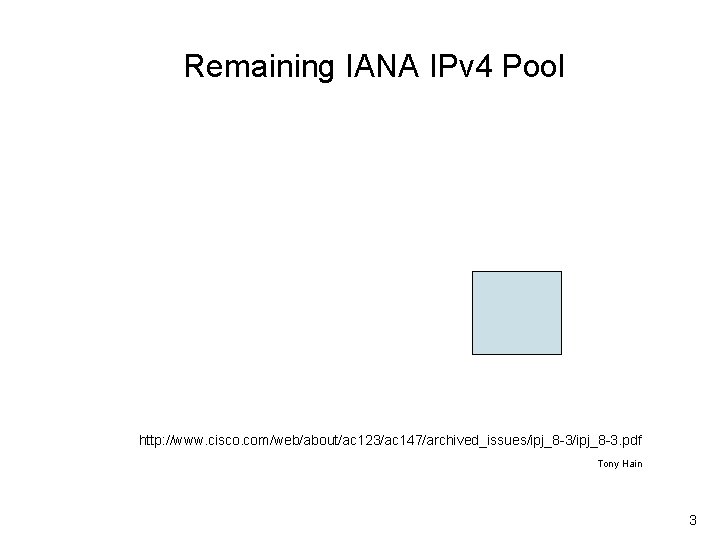 Remaining IANA IPv 4 Pool http: //www. cisco. com/web/about/ac 123/ac 147/archived_issues/ipj_8 -3. pdf Tony