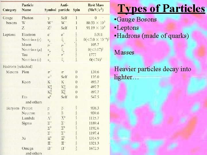 Types of Particles • Gauge Bosons • Leptons • Hadrons (made of quarks) Masses
