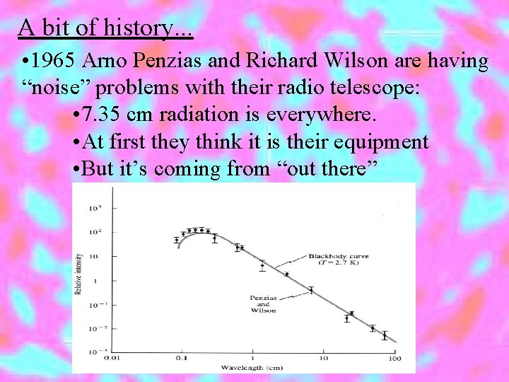 A bit of history. . . • 1965 Arno Penzias and Richard Wilson are