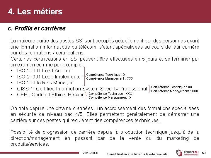 4. Les métiers c. Profils et carrières La majeure partie des postes SSI sont