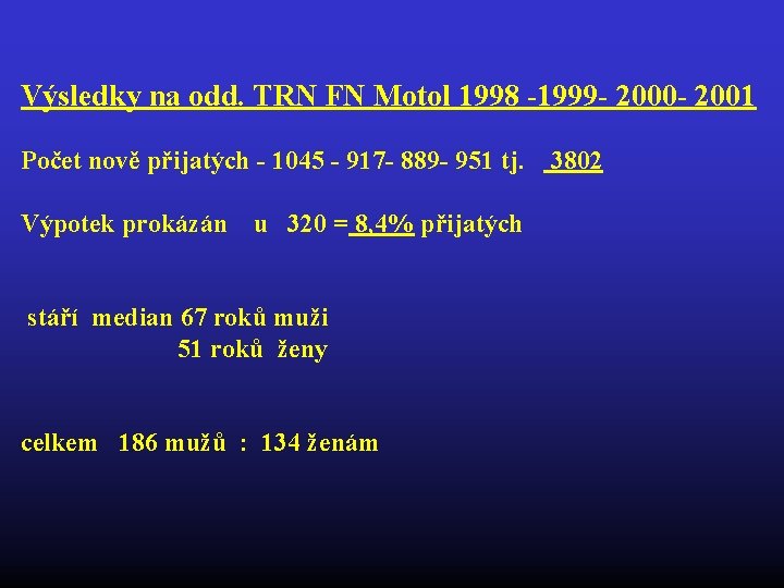 Výsledky na odd. TRN FN Motol 1998 -1999 - 2000 - 2001 Počet nově